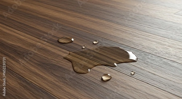 Fototapeta Water droplets resting on a dark wooden floor with visible grain