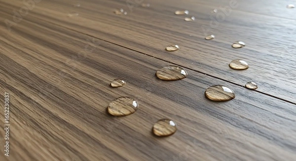 Fototapeta Water droplets resting on a textured wooden surface with visible grain