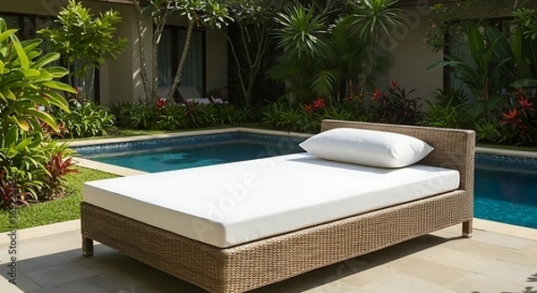 Fototapeta Wicker Daybed with White Cushion Beside Tropical Pool and Lush Greenery