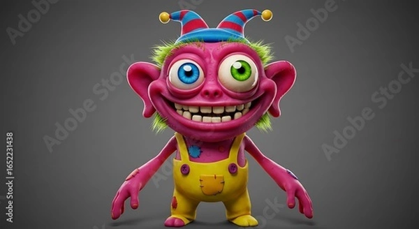 Fototapeta Zany Pink Monster with a Jester Hat, Manic Grin, and Mismatched Eyes
