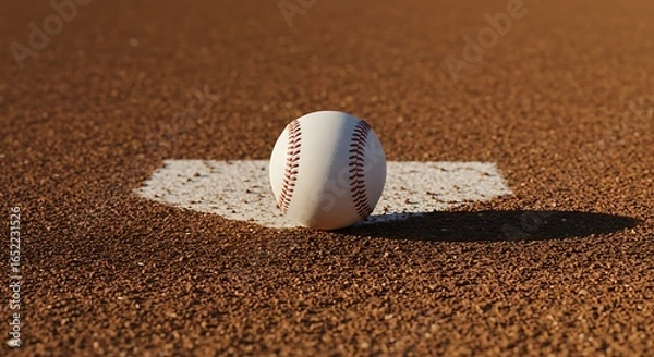 Fototapeta A Classic Baseball Rests on the Infield Dirt Beside a White Foul Line