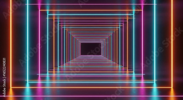 Fototapeta Abstract Neon Tunnel / Corridor with Glowing Color Lines.