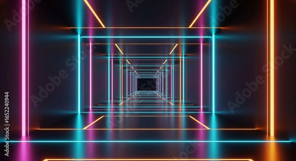 Fototapeta Abstract Neon Tunnel / Corridor with Glowing Color Lines.