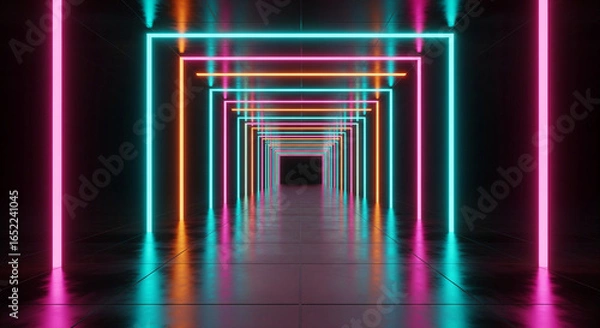 Fototapeta Abstract Neon Tunnel / Corridor with Glowing Color Lines.
