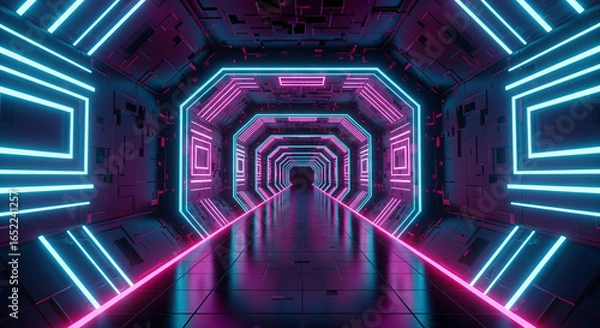 Fototapeta Abstract Neon Tunnel / Corridor with Glowing Color Lines.