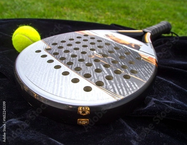 Fototapeta Silver Padel Racket and Ball on Dark Fabric with Grass Background