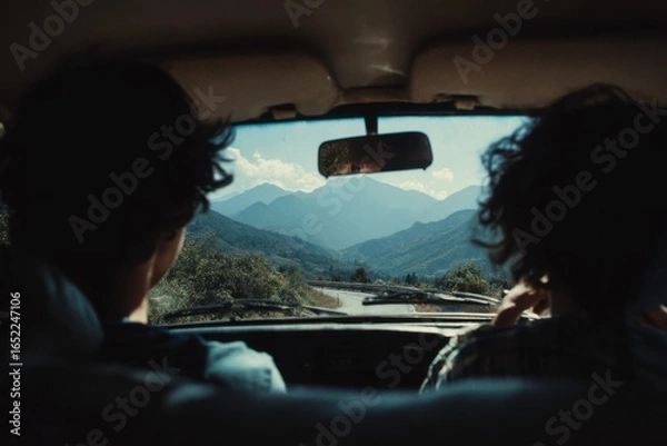 Fototapeta young man driving a car with companion