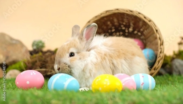 Fototapeta Fluffy bunny with Easter eggs