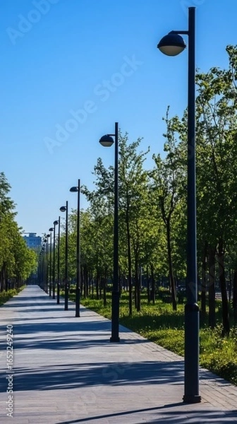 Fototapeta Paved path lined with lampposts, lush greenery