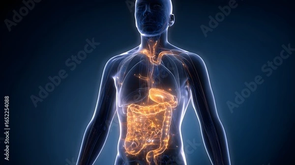 Fototapeta Human digestive system illustration with highlighted organs.