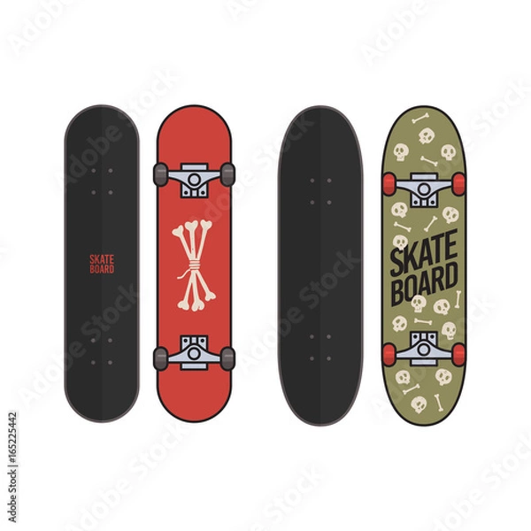 Obraz Set of skateboards with skulls and bones isolated on white background. Vector illustration.