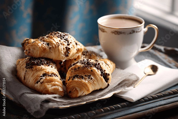 Obraz Flaky chocolate hazelnut croissants with coffee at cozy table