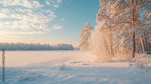 Fototapeta Snowy winter landscape at sunrise. Trees frosted with hoarfrost