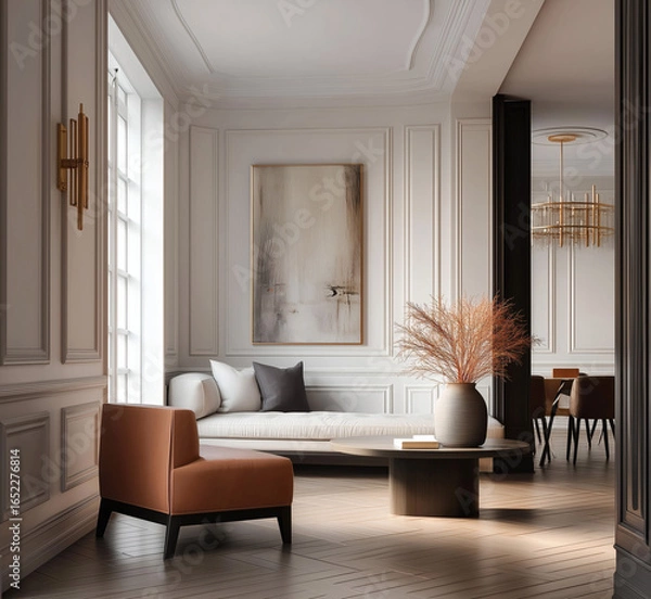 Obraz Aesthetic beautiful elegant  modern luxury interior design. Clear mock up empty wall for decoration in the apartment, painting frame. Copy space in the room.