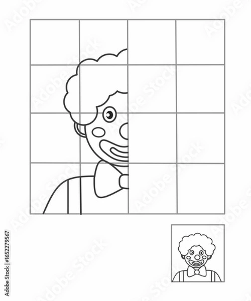 Fototapeta Clown symmetry worksheet, perfect for kids education. Develops motor and visual skills.