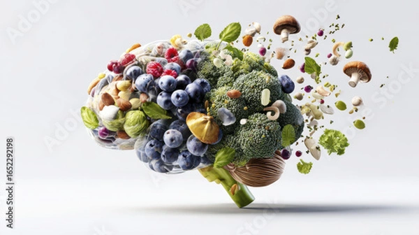 Fototapeta Healthy brain concept with fresh broccoli, blueberries, nuts, mushrooms, and herbs flying in dynamic motion, symbolizing nutrition and mental wellness