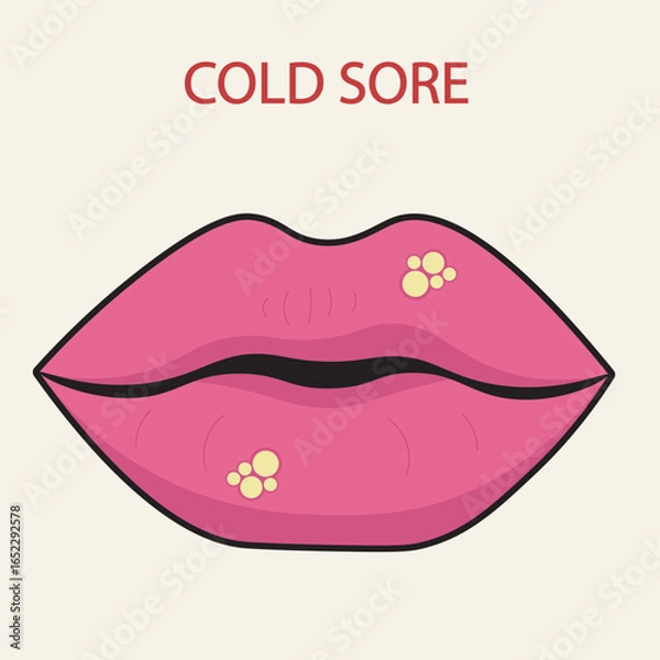 Obraz Cold sore vector illustration showing lip blisters, redness, and swelling. Includes symptoms like pain, itching, fever, and highlights similarity to canker sores and impetigo.
