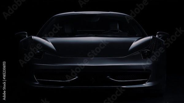 Fototapeta A sleek, high-end black luxury sports car displayed against a dramatic black background in banner format. Generative AI