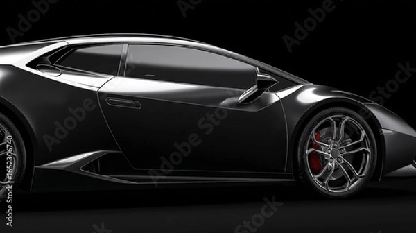 Fototapeta A sleek, high-end black luxury sports car displayed against a dramatic black background in banner format. Generative AI