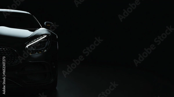 Fototapeta A sleek, high-end black luxury sports car displayed against a dramatic black background in banner format. Generative AI