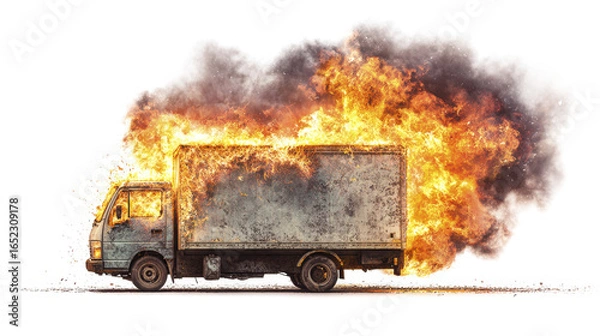 Fototapeta Delivery truck engulfed in vivid flames with thick black smoke rising, creating dramatic and intense scene of fire and destruction in photorealistic style
