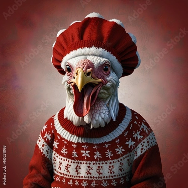 Fototapeta Turkey in a red and white sweater with a Christmas hat on its head. Merry Christmas and New Year theme.