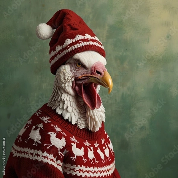 Fototapeta Turkey in a red and white sweater with a Christmas hat on its head. Merry Christmas and New Year theme.