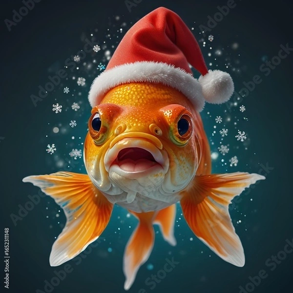 Fototapeta Goldfish with a Christmas hat on its head. Merry Christmas and New Year theme.