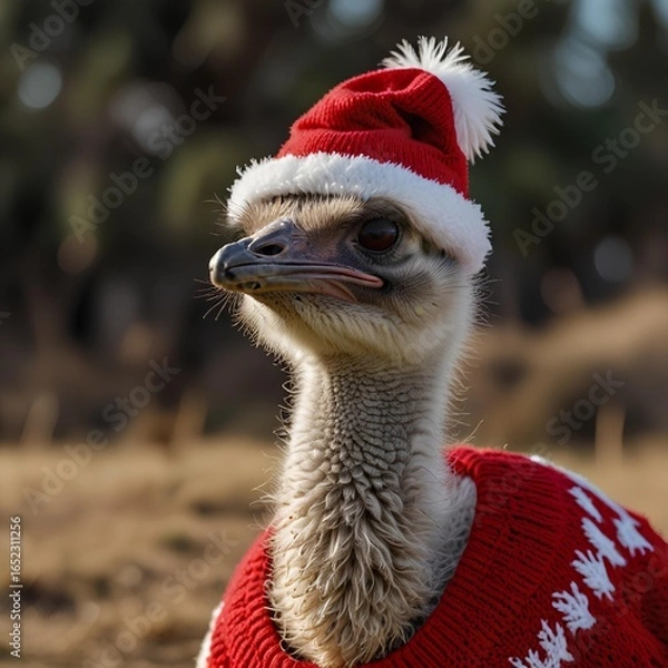 Fototapeta Ostrich in a red and white sweater with a Christmas hat on its head. Merry Christmas and New Year theme.