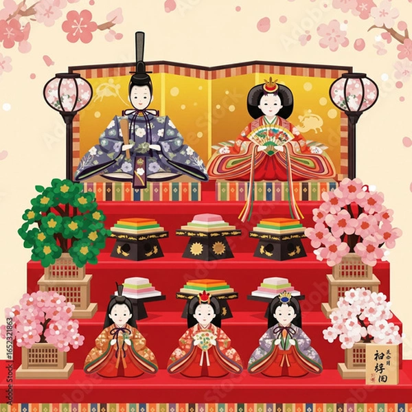 Obraz ひな人形、桃の花、三段飾りなど、日本の伝統的なひな祭りをテーマにしたイラストのセット。日本の文化、伝統、ひな祭り、祭り、イベント。