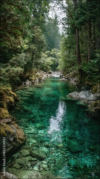 Fototapeta Emerald stream flows through lush forest