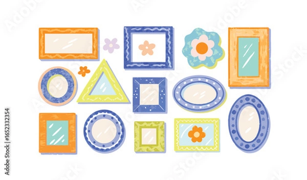 Fototapeta Modern collage wall featuring an assortment of decorative frames of varying sizes and shapes in bright artistic pastel tones with textured finishes