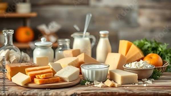 Fototapeta A rustic wooden table displaying a variety of fresh dairy products in soft natural light.