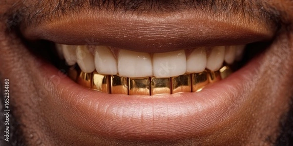 Fototapeta Close-up of gold grills on teeth, teeth smiling, mouth smiling with golden tooth grillz.