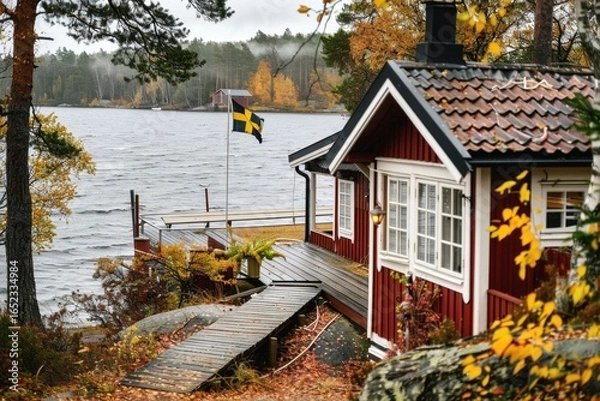 Obraz A quaint red cabin sits by a serene lake, surrounded by vibrant fall colors. Mist hovers over the water as a flag flutters, creating a tranquil atmosphere perfect for relaxation.