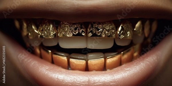 Fototapeta Close-up of gold grills on teeth, teeth smiling, mouth smiling with golden tooth grillz.