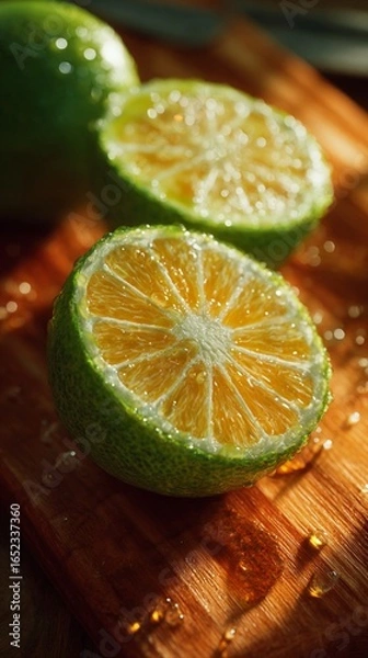 Fototapeta Image of a lime split on a wooden board, a very colorful fresh citrus fruit