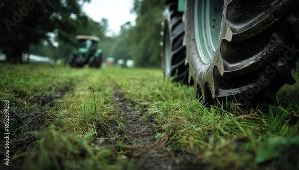 Fototapeta Close-up of tractor tires on green grass, with raindrops and dirt tracks visible in the foreground.