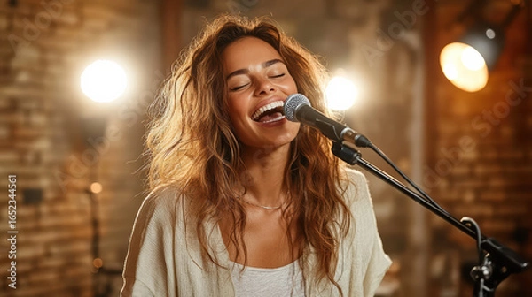 Obraz Energetic female vocalist singing passionately into microphone on stage