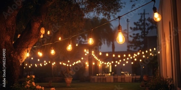 Fototapeta Festive outdoor garden with string lights and hanging bulbs in the evening, creating an inviting atmosphere for social gatherings or special events