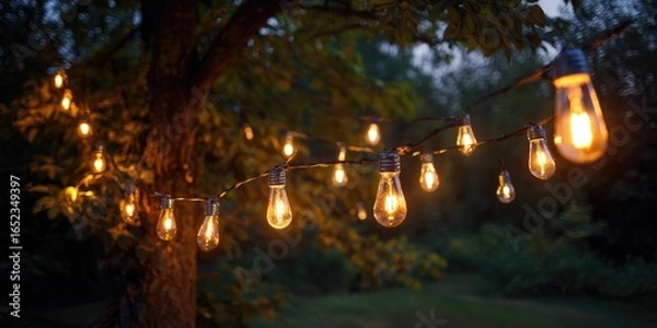 Fototapeta Festive outdoor garden with string lights and hanging bulbs in the evening, creating an inviting atmosphere for social gatherings or special events