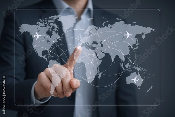 Fototapeta Global Business Expansion Strategy: Businessman Navigating Worldwide Connections and Flight Routes with Interactive Touchscreen