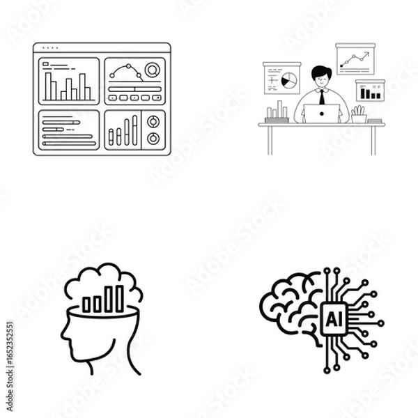 Fototapeta Artificial data analytics, intelligence, and data science technology icons set 