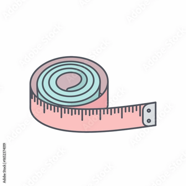 Fototapeta A coiled pink and blue tailor's tape measure, a tool for sewing, crafts, and body measurements.