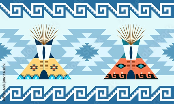 Fototapeta american Indian tent teepee vector on pattern native background.