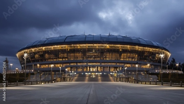 Obraz Modern football stadium exterior, front view, evening lighting, exterior lights on the stands and building, architectural photography.