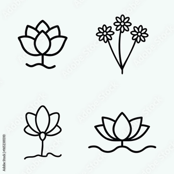 Obraz Elegant Black Line Art of Lotus and Daisy Flowers.