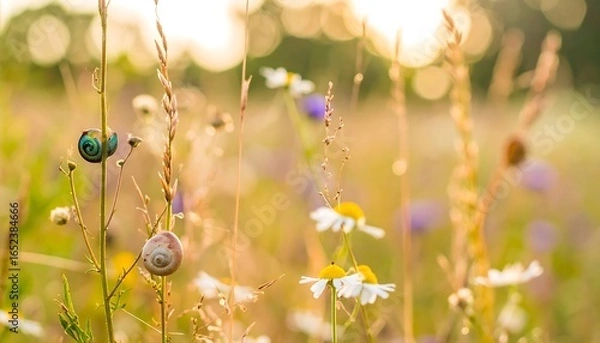 Obraz Snails in wildflowers at sunset