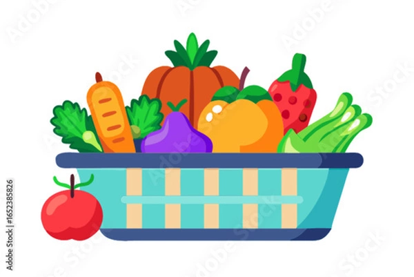 Obraz Fresh produce basket vector illustration featuring healthy fruits and vegetables for nutrition and diet