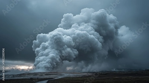 Obraz Volcanic Eruption Steam rises in Iceland, storm clouds; geological study resource